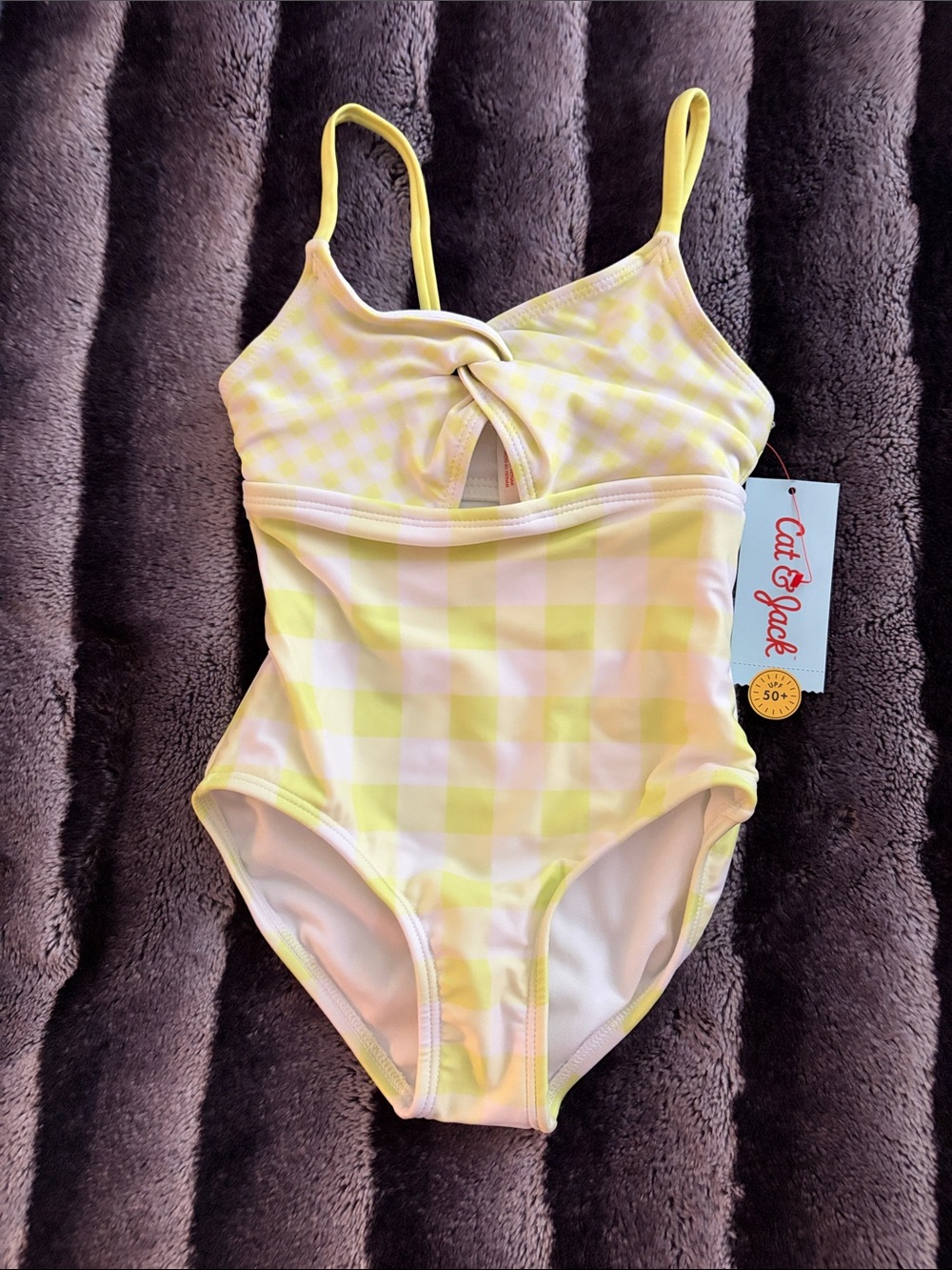 Cat & Jack Yellow Gingham One-Piece Swimsuit with Front Knot Kids XS 4/5
